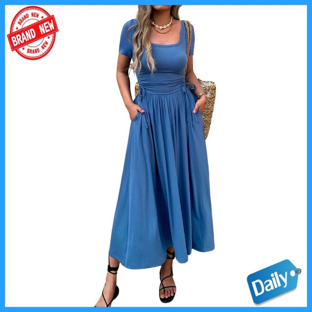 Short Sleeve Maxi Dress Bodycon Adjustable Waist Pockets Casual Summer